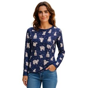 Secret Treasures Long Sleeve Blue and White Tee with Cat Silhouettes